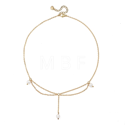 White Round Shell Pearl Pendant Brass Cable Chain Necklaces for Women NJEW-JN06349-1