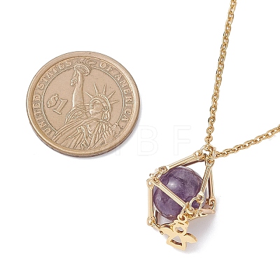Brass Macrame Pouch Natural Amethyst Inside & 304 Stainless Steel Pendant Necklaces for Women NJEW-JN05607-03-1