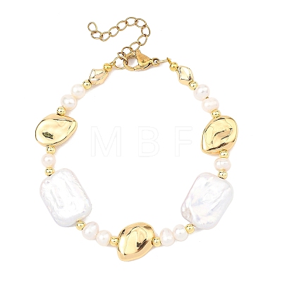 Natural Baroque Pearl Keshi Pearl & Brass Beaded Bracelets for Women BJEW-JB13799-1
