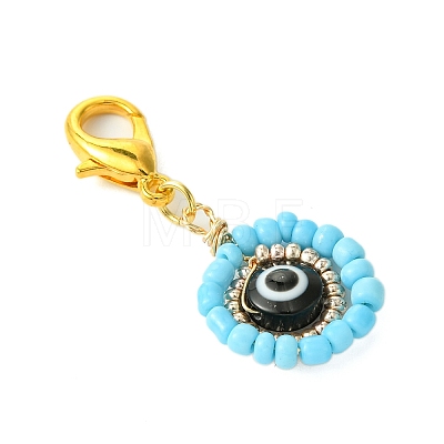 12Pcs 12 Colors Flat Round with Evil Eye Resin & Glass Seed Pendant Decorations HJEW-MZ00094-1