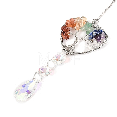 Wire Wrapped Chakra Natural Mixed Stone Heart with Tree of Life Pendant Decorations HJEW-K046-02P-03-1