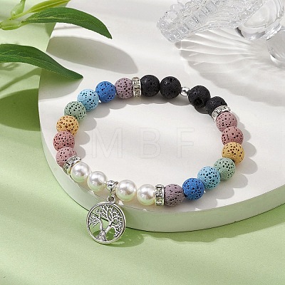 8mm Round 7-Color Natural Lava Rock & Shell Pearl Beaded Stretch Bracelets BJEW-JB10329-01-1