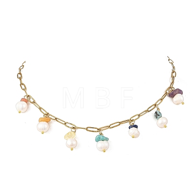 Natural Mixed Stone Chip and Pearl Tassel 304 Stainless Steel Paperclip Chain Necklaces for Women NJEW-JN06528-01-1
