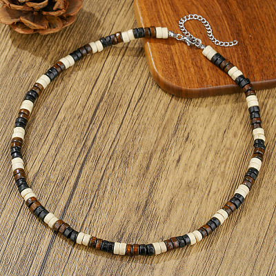 Bohemian Coconut & Wood Heishi Beaded Necklaces with Alloy End Chains for Men WGF984F-04-1