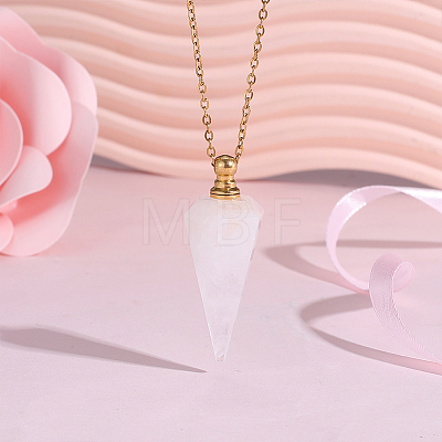 Natural Quartz Crystal Faceted Cone Pendant Perfume Bottle Necklaces with 304 Stainless Steel Cable Chain NJEW-WH0002-266F-1