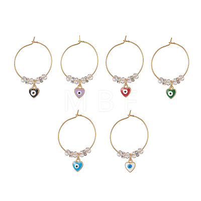 Evil Eye Heart Brass Enamel Pendants Wine Glass Charms Sets AJEW-JO00176-1