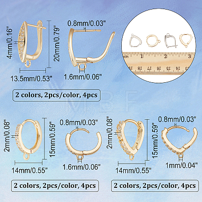 CHGCRAFT 12Pcs 6 Style Brass Micro Pave Clear Cubic Zirconia Hoop Earring Findings with Latch Back Closure FIND-CA0005-34-1