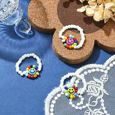 Flower with Smiling Face Acrylic & Glass Seed Stretch Ring for Women RJEW-TA00069-1