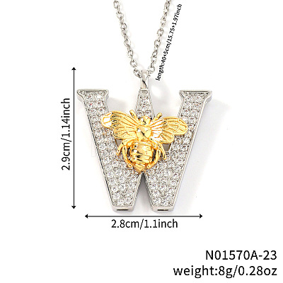 Brass Micro Pave Clear Cubic Zirconia Bee Initial Pendant Necklaces FS-WGF5E80-23-1