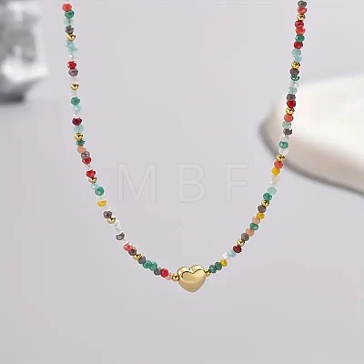 Bohemian 304 Stainless Steel Heart Faceted Colorful Glass Beaded Necklaces for Women JD8300-1