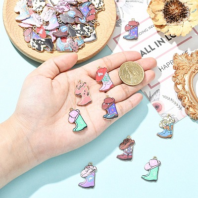24Pcs 12 Styles Light Gold Alloy Printed Pendants FIND-YW0011-62-1