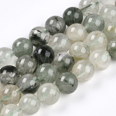 Natural Green Rutilated Quartz Round Beads Strands G-T140-8mm-02-1