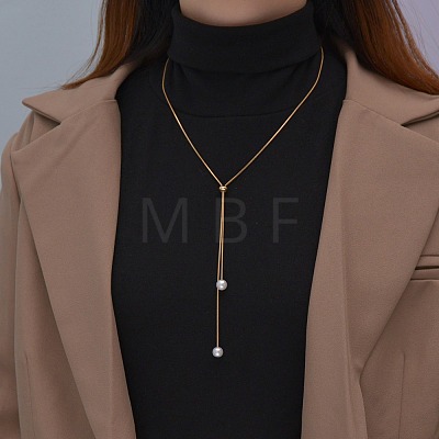 Alloy Snake Chain Slider Lariat Necklaces with Plastic Imitation Pearl Round Beads WG87CD3-01-1