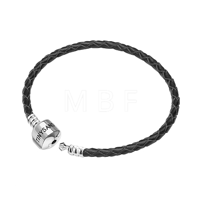 TINYSAND Rhodium Plated 925 Sterling Silver Braided Leather Bracelet Making TS-B-128-19-1