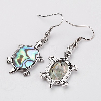 Tortoise Platinum Tone Brass Natural Paua Shell Dangle Earrings EJEW-M060-18-1