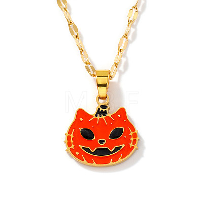 Stainless Steel Enamel Halloween Cat Pumpkin Pendant Dapped Chain Necklaces TA2599-1