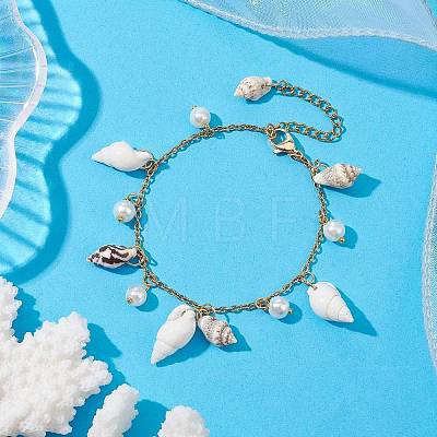 Natural Spiral Shell & Glass Pearl Charm Bracelets BJEW-JB09973-1