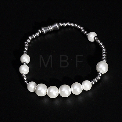 Minimalist Imitation Pearl & 304 Stainless Steel Round Beaded Stretch Bracelets KM8315-2-1