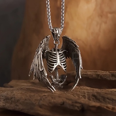 Punk Style Alloy Gothic Skeleton Angel Pendant Box Chain Necklaces for Men FS-WG22DE5-01-1