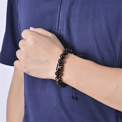 10MM Natural Black Onyx(Dyed & Heated) and Tiger Eye Alphabet Round Braided Bead Adjustable Bracelets for Women DM6424-1-1