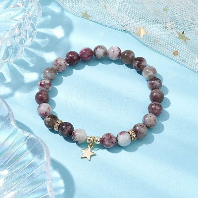 8mm Round Natural Plum Blossom Tourmaline Beaded Stretch Bracelets BJEW-JB10469-01-1