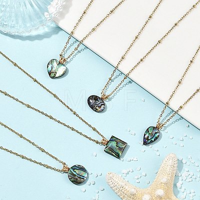 Natural Paua Shell Geometric Pendant 304 Stainless Steel Satellite Chain Necklaces NJEW-JN06602-1