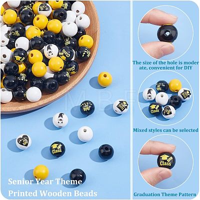 Unicraftale 120Pcs 8 Styles Senior Year Theme Printed Wooden Beads WOOD-UN0001-01-1