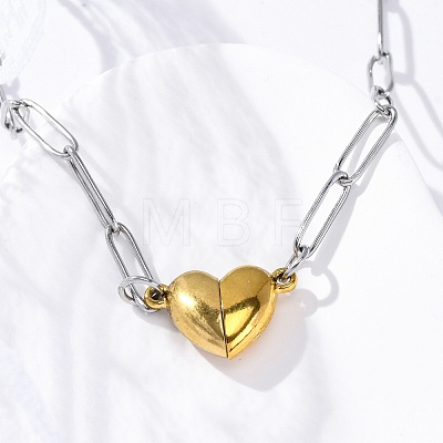 304 Stainless Steel Double-Sided Magnetic Heart Pendant Paperclip Chain Necklaces NJEW-U028-02G-1