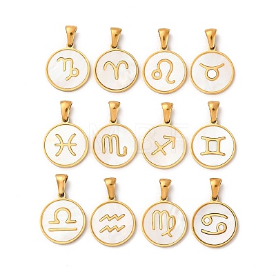 Natural Shell Flat Round with Twelve Constellations
 Pendants STAS-I353-02G-1