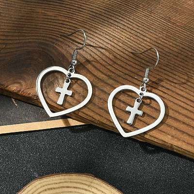 201 Stainless Steel Heart & 304 Stainless Steel Cross Dangle Earrings EJEW-JE05562-1