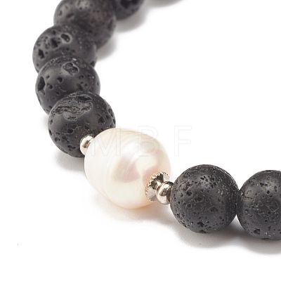 Natural Pearl & Lava Rock Beaded Stretch Bracelet BJEW-JB07760-1