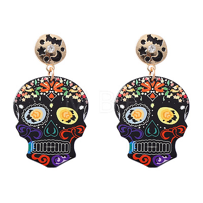 Halloween Printed Acrylic Skull with Hat Pendant Dangle Earrings for Women WG1141F-01-1