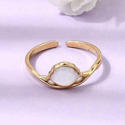 304 Stainless Steel & Natural Shell Cuff Rings for Women RJEW-G372-01G-08-1