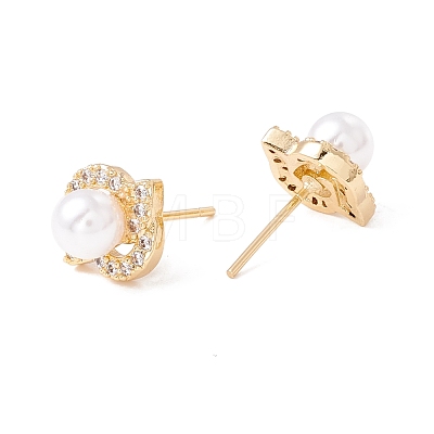 Cubic Zirconia Flower Stud Earrings with Acrylic Pearl EJEW-F282-42G-1