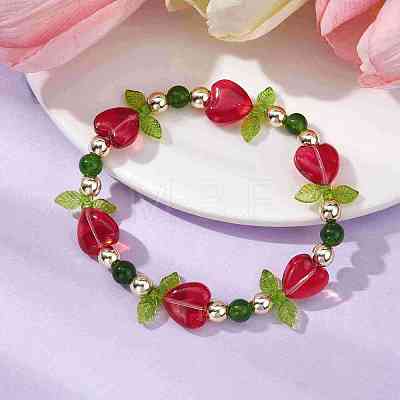 Heart Flower Dyed Natural TaiWan Jade & Acrylic Stretch Bracelet BJEW-JB09908-01-1