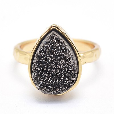 Electroplate Natural Druzy Quartz Crystal Finger Rings RJEW-I055-04G-RS-1