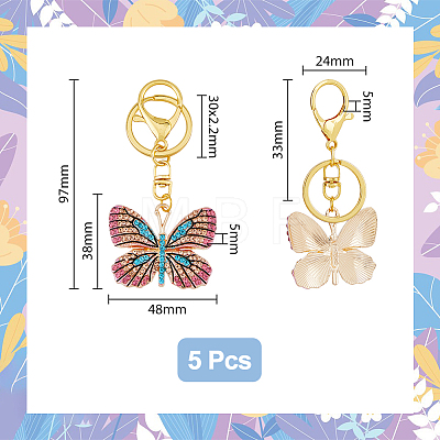 5Pcs Colorful Full Rhinestone Butterfly Pendant Keychain KEYC-PH01489-1