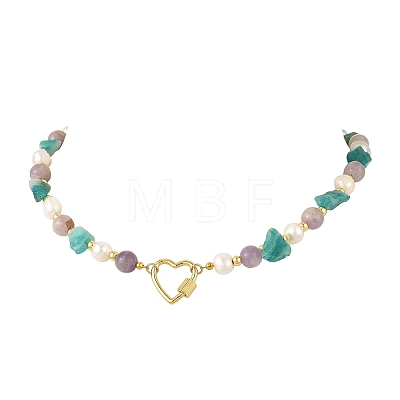 Raw Rough Natural Amazonite & Round Amethyst & Potato Pearl Beaded Necklaces with Brass Screw Carabiner Lock Charms NJEW-JN06583-01-1