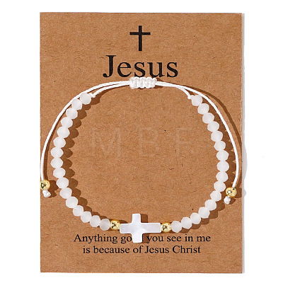 Adjustable Sea Shell Cross & Faceted Rondelle Glass Braided Bead Bracelets for Women AZ6679-5-1