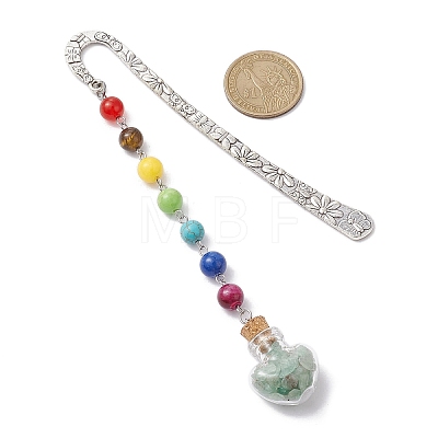 7 Chakra Gemstone Bead & Natural Green Aventurine Glass Heart Wishing Bottle Pendant Bookmarks AJEW-JK00313-06-1