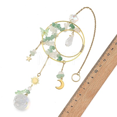 Natural Green Aventurine & Brass Ring Suncatcher with 304 Stainless Steel Sun Moon Star Charm HJEW-JM05009-02-1