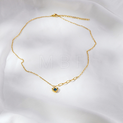 304 Stainless Steel Pave Blue Cubic Zirconia Heart Pendant Cable Chain Necklaces for Women OU4344-1-1