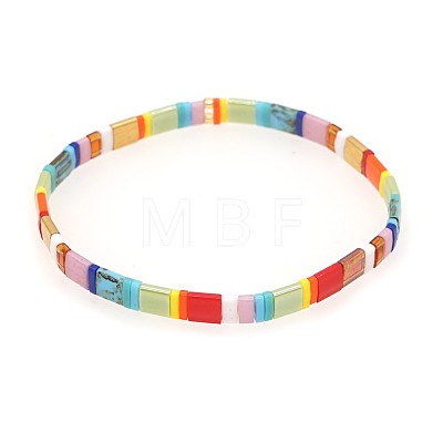 Bohemian Rainbow Glass Flat Double-Hole Bead Striped Women's Stretch Bracelets for Women QS8192-7-1