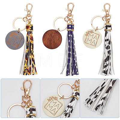 WADORN 3Pcs 3 Colors PU Leather Tassel Big Pendant Decorations with Wooden Mama Charm HJEW-WR0001-03-1