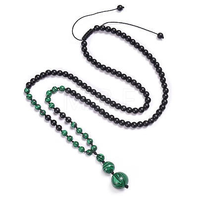 Synthetic Malachite & Frosted Stone Graduated Beaded Round Pendant Adjustable Braided Necklaces for Yoga and Aromatherapy HY9299-2-1