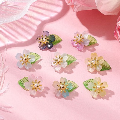 Flower Glass with Leaf Acrylic Charms HJEW-JM02572-02-1