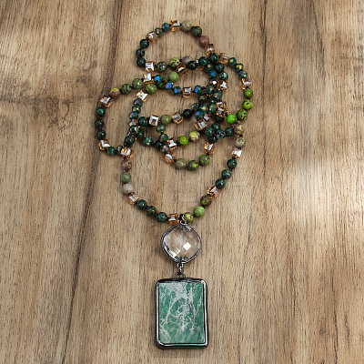 Rectangle & Flat Round Bohemian Style Natural Tree Agate with Glass Pendant Necklaces FS-WGEA5B3-04-1