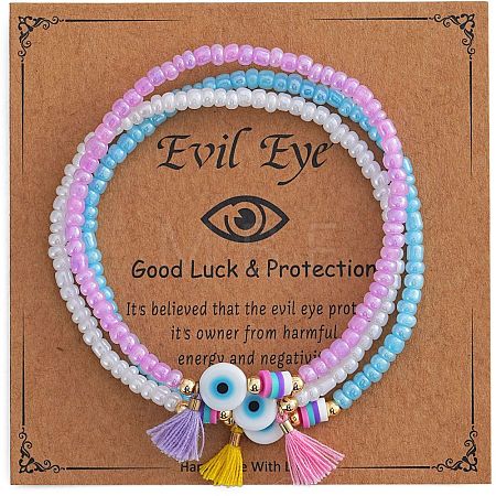 3Pcs Glass Seed Bead Evil Eye Stretch Bracelet Sets TV4685-5-1
