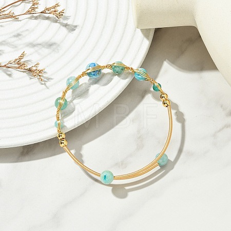 Herringbone Wire-Wrapped Natural Hemimorphite Brass Cuff Bangles BJEW-JB14039-02-1