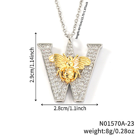 Brass Micro Pave Clear Cubic Zirconia Bee Initial Pendant Necklaces FS-WGF5E80-23-1